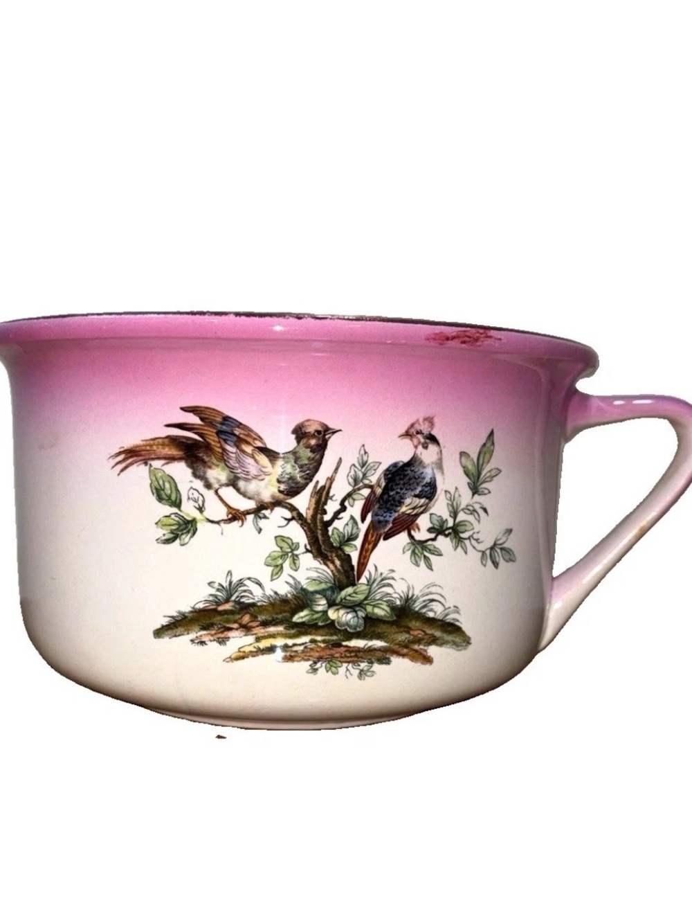 Antique English Chamber Pot Pink Ceramic Bird & Floral 9 X 5.5 Flower Pot